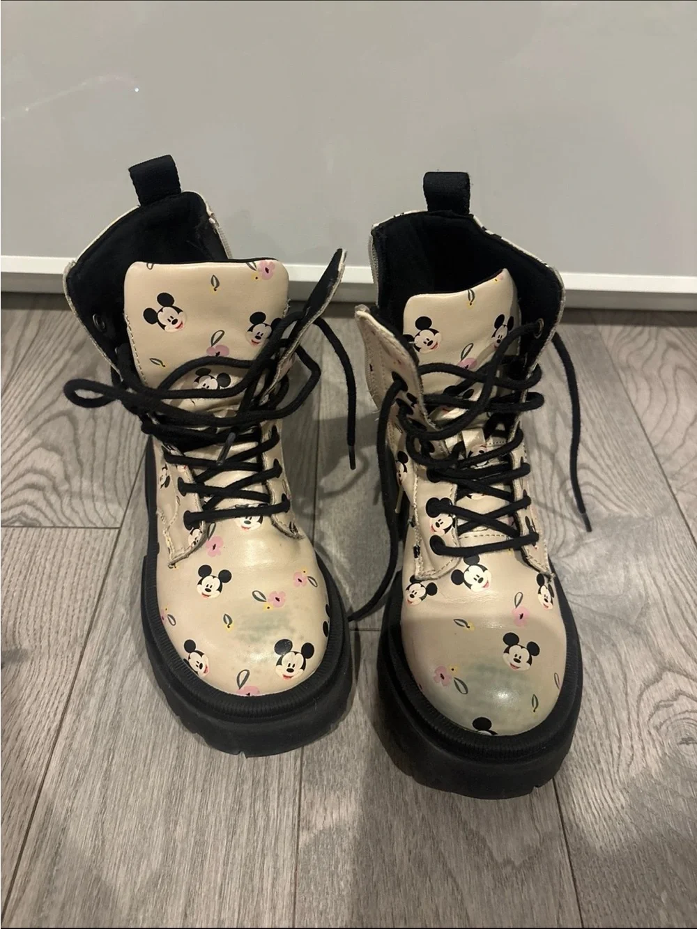 Zara Beige Kids Mickey Print Combat Boots with Black Soles
